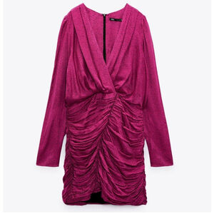 Zara‎ Women Ruched Satin Effect Print Wrap Dress Fuchsia Pink Size M